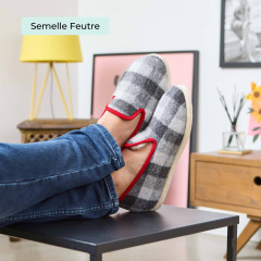 Charentaise mixte à carreaux gris et noirs Made in France - Chausse Mouton