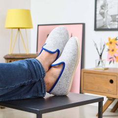 Charentaises Tweed Gris Bleu Chausse Mouton – Chaussons chauds Made in France              