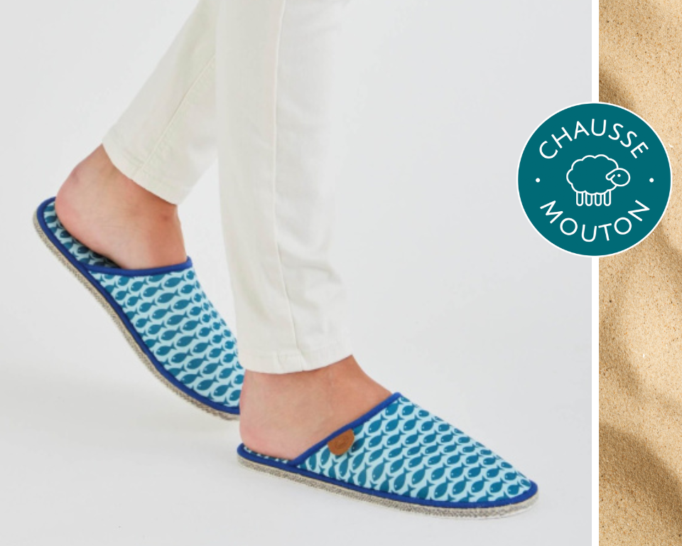 Mules d’intérieur été Chausse Mouton motif poisson bleu - fabrication française